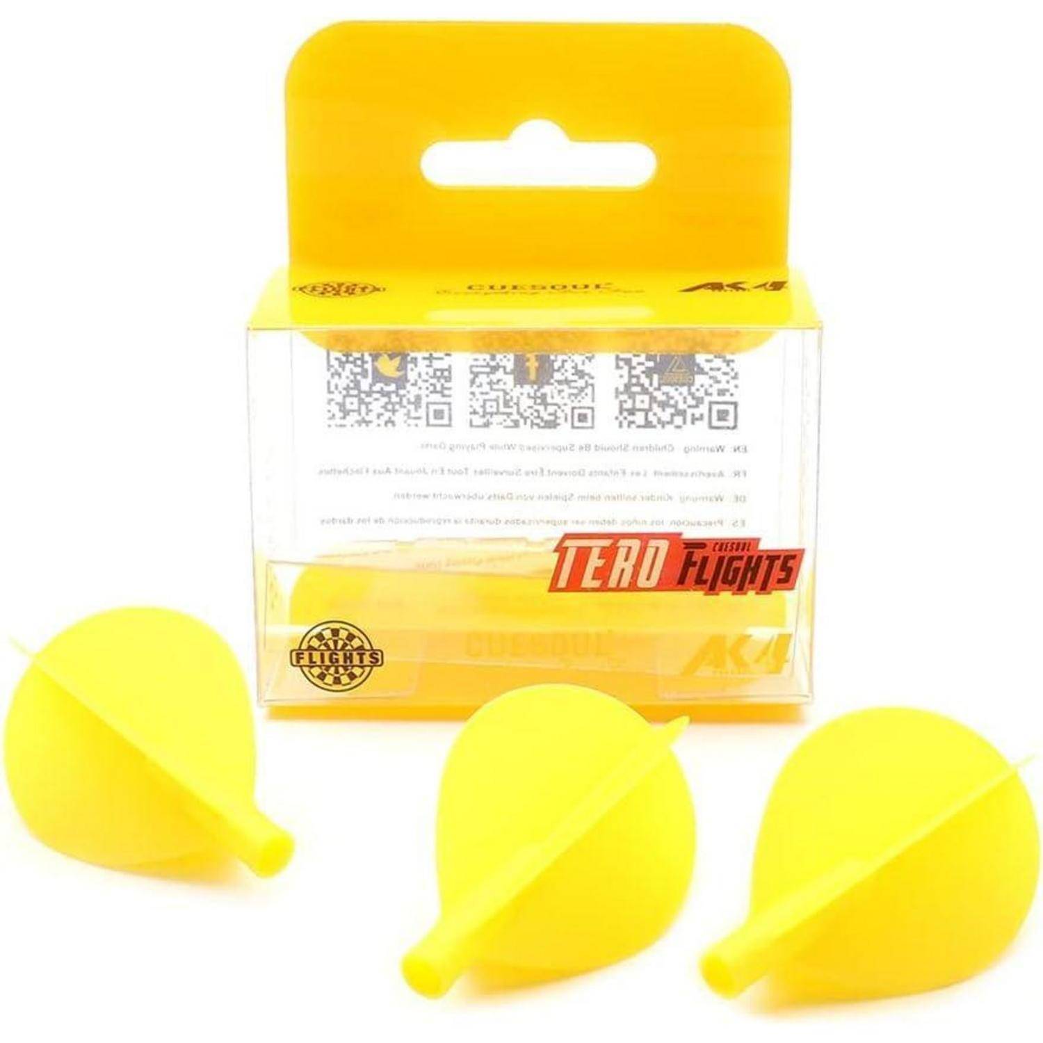 Ein Paket von 'Tero Flights' Dartflights in durchsichtiger Verpackung, mit drei hellen gelben Dartflights, die im Vordergrund dargestellt sind.