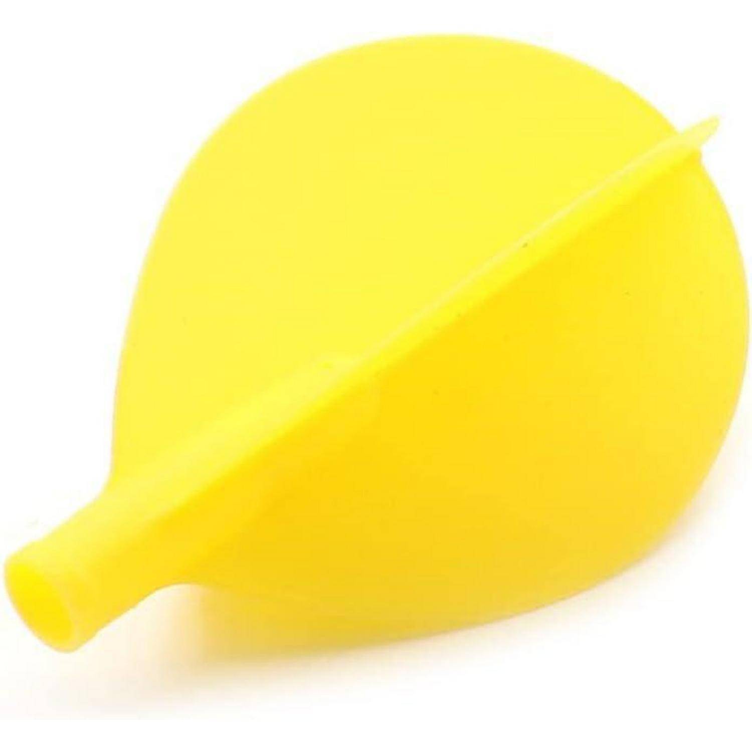Ein leuchtend gelber Kunststoff-Dartpfeil mit einer zylindrischen Spitze und einem flachen, federähnlichen Flügel, der sich vom Zentrum erstreckt.