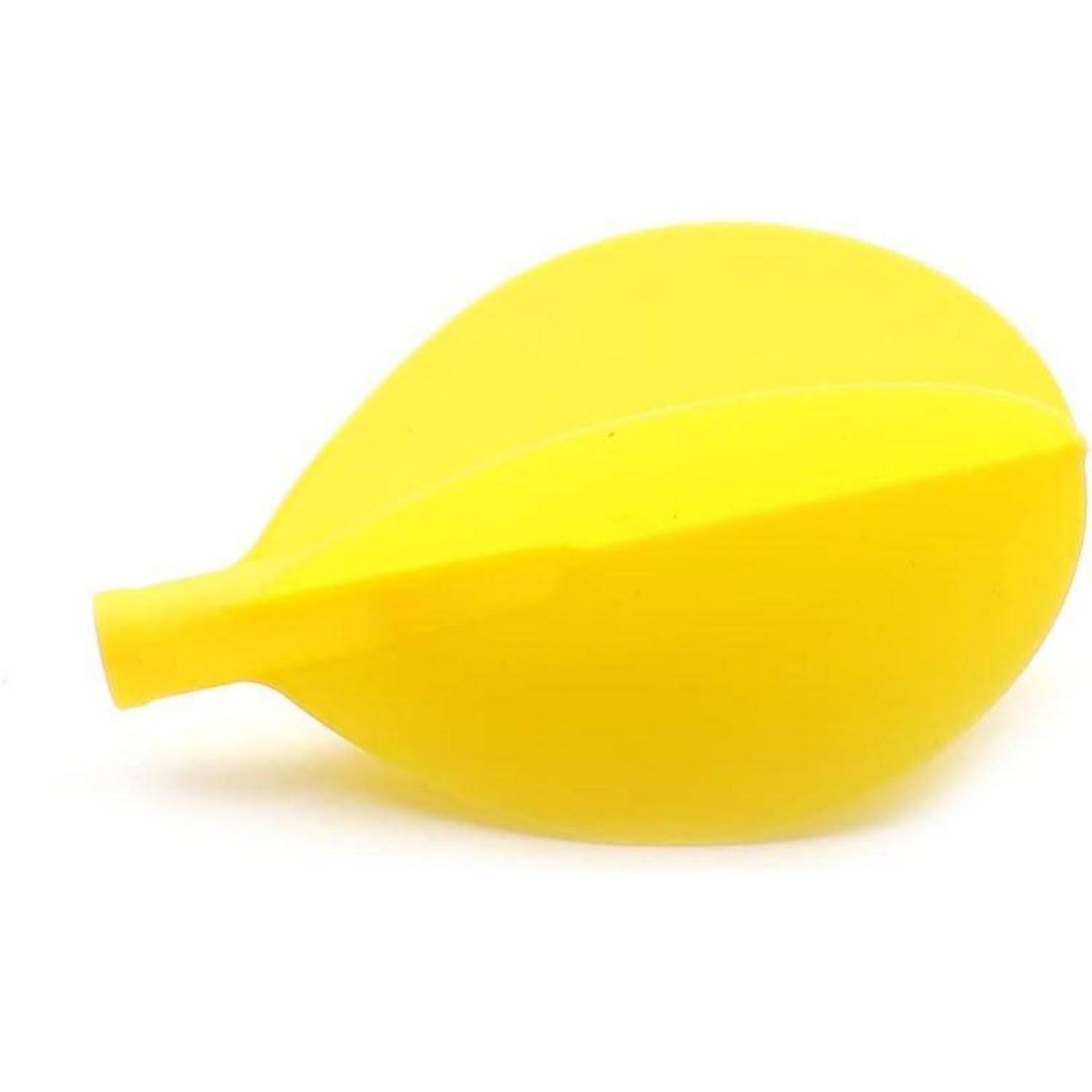 Ein gelber, blattförmiger Schnuller mit glatter Oberfläche, speziell entwickelt für zahnende Säuglinge.