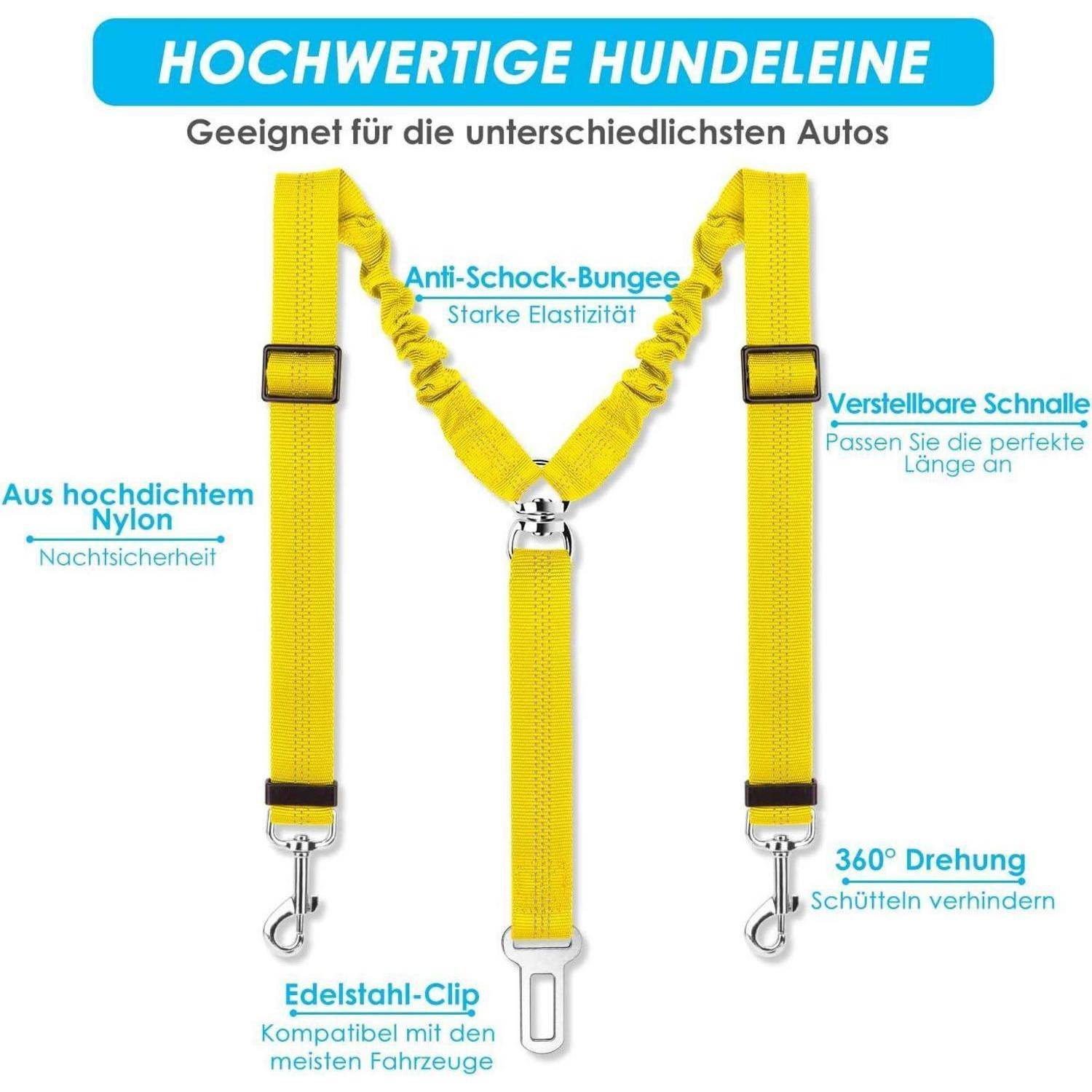 Gelbe Hundeleine mit Eigenschaften: Stoßdämpfender Gummizug, verstellbare Schnalle, hochdichtes Nylon, 360-Grad-Drehgelenk und Edelstahlkarabiner. Entwickelt für Autos.
