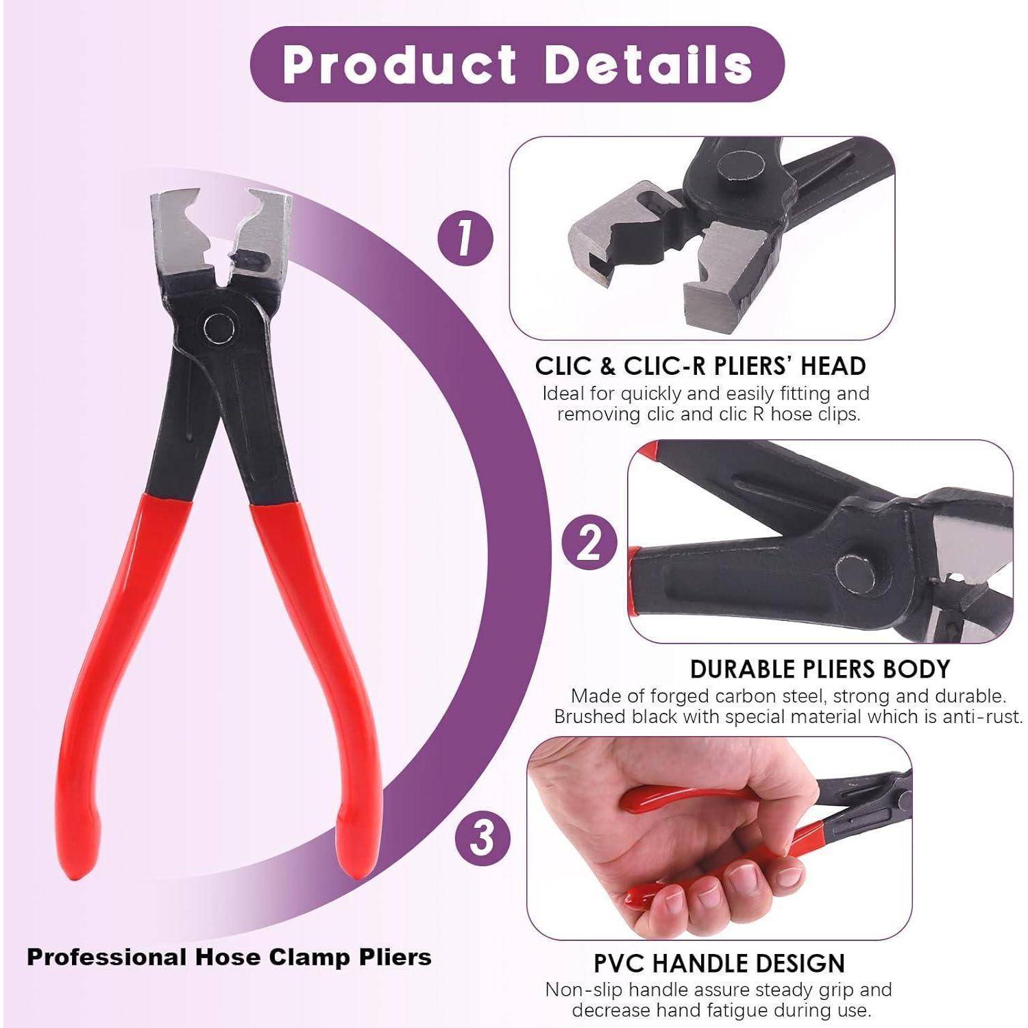 Produktdetails: Professionelle Schlauchschellenzange. Zu den Merkmalen gehören der 'Clic & Clic-R Zangen-Kopf' für einfaches Abnehmen von Schlauchklemmen, ein robuster Kohlenstoffstahl-Körper und ein ergonomisches PVC-Griff für Komfort.