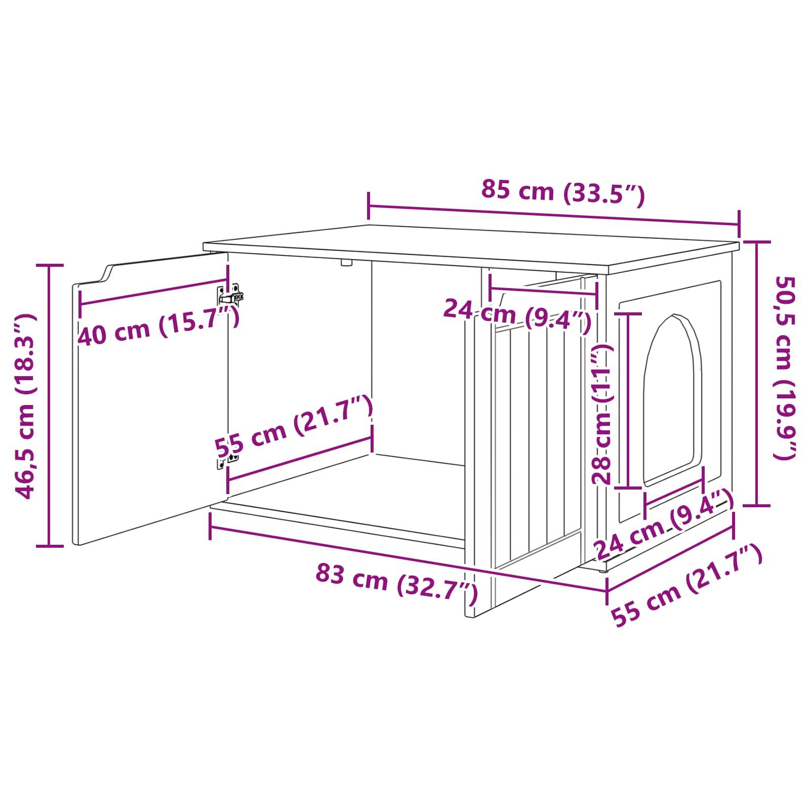 Schrankaußenmaße: Höhe 50,5 cm, Breite 85 cm, Tiefe 55 cm. Im Inneren: Breite 55 cm, Höhe 40 cm. Türbreite jeweils 24 cm.