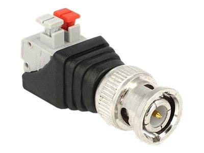 Ein koaxialer BNC-Stecker mit einem schwarz-silbernen Design, der eine rote und graue Verriegelungslasche auf der Oberseite aufweist. Verwendet für Video- und HF-Signalverbindungen.