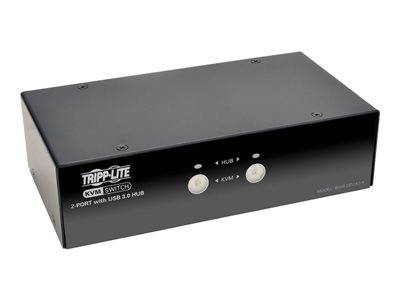 Ein schwarzer KVM-Switch von Tripp-Lite mit zwei USB-3.0-Anschlüssen, gekennzeichnet als „2-Port KVM-Switch