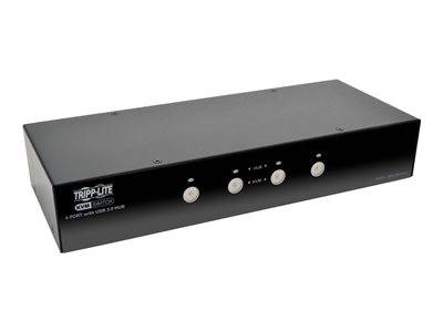 Schwarzer Tripp Lite 4-Port-KVM-Switch mit USB 3.0, ausgestattet mit Schaltflächen zur PC-Auswahl. Entwickelt zum Wechseln zwischen mehreren Computern.