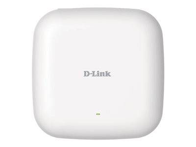 Ein weißer, quadratischer Wireless-Zugangspunkt mit abgerundeten Kanten und einer kleinen grünen Leuchtanzeige, in der Mitte mit „D-Link