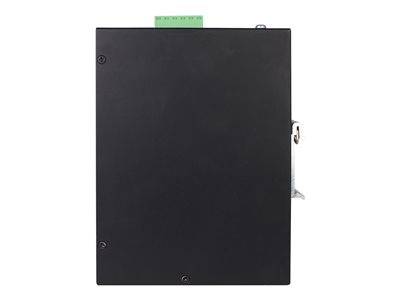 Ein schwarzes rechteckiges elektronisches Gerät mit sichtbaren Schrauben, einem grünen Anschluss an der Oberseite und einem Verschluss an der Seite.