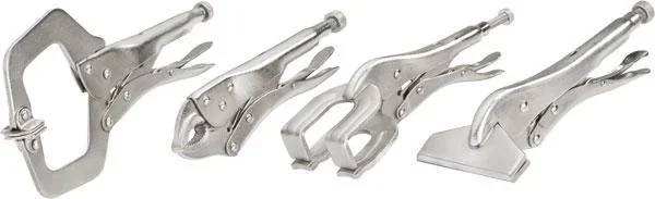 Zwei metallische Klemmzangen in offener Position, die ihren Mechanismus und ihre Konstruktion zur festen Objektumklammerung demonstrieren.