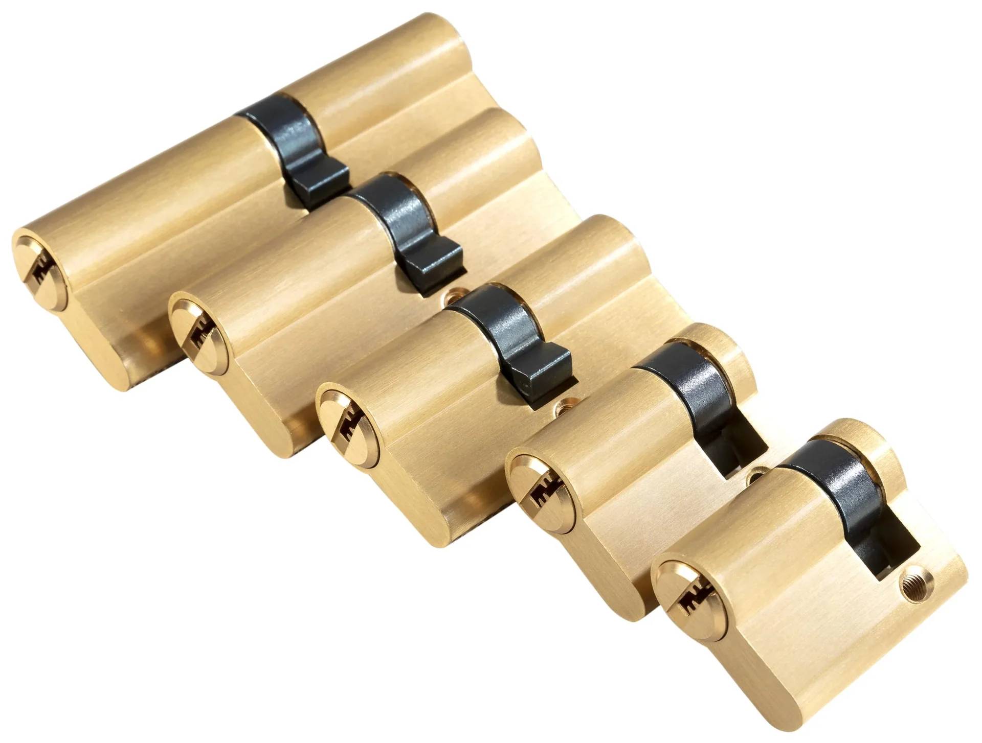Vier identische goldfarben Zylinderschlösser sind in einer Reihe ausgerichtet, wobei jedes eine schwarze Drehvorrichtung aufweist.