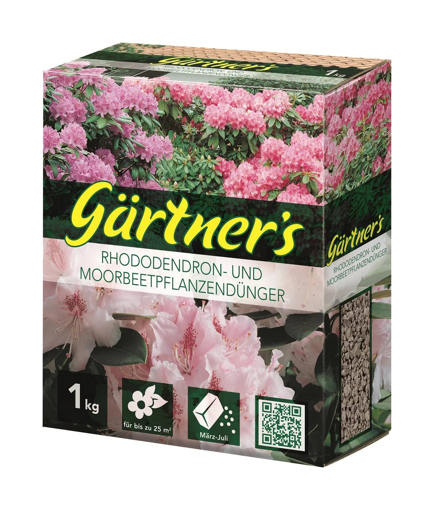 Eine Schachtel mit der Aufschrift 'Gärtner's Rhododendron- und Moorbeetpflanzendünger' mit einem Bild von rosa Blumen. Zeigt die Anwendung von März bis Juli, 1 kg Packung.