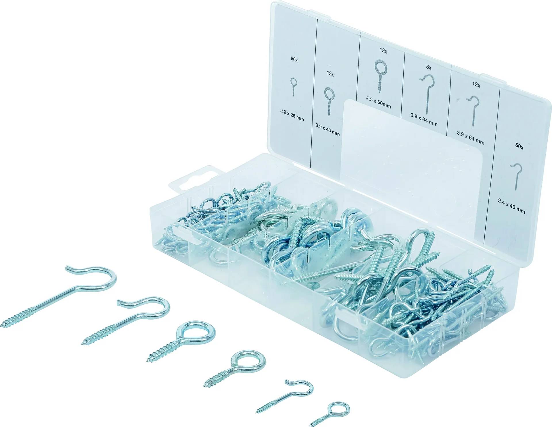 Verschiedene Metallhaken und Ösen in einer transparenten Plastikbox, mit unterschiedlichen Größen von 2,5 mm bis 12 mm beschriftet.