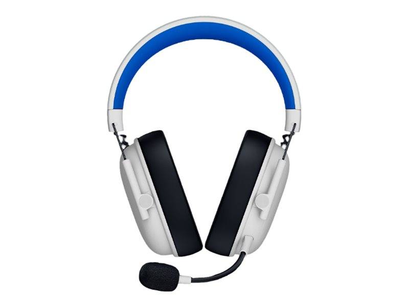 Weiß-blaues Over-Ear-Headset mit Boom-Mikrofon, Vorderansicht auf neutralem Hintergrund dargestellt.