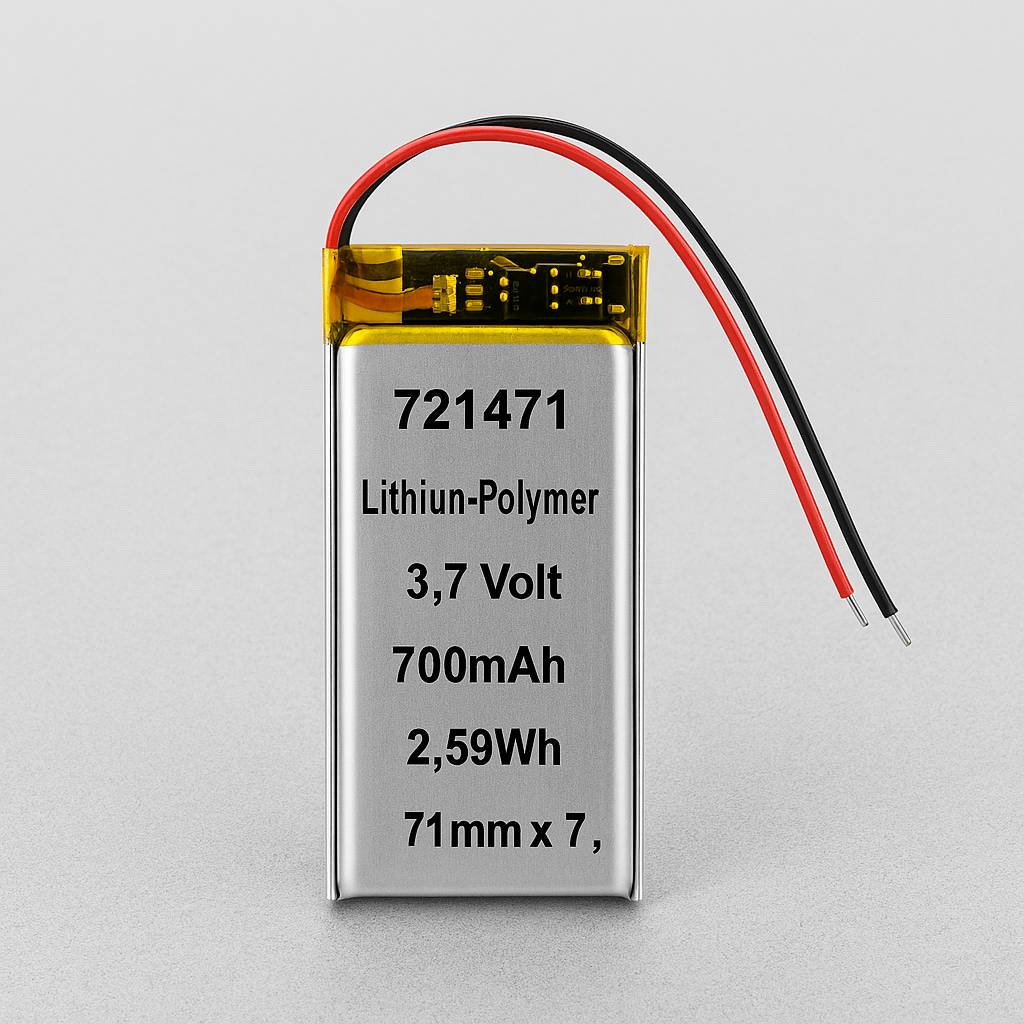 Lithium-Polymer-Batterie mit Spezifikationen: Modell 721471, 3,7 Volt, 700mAh, 2,59Wh, Abmessungen 71mm x 7mm. Zwei Drähte, rot und schwarz, angeschlossen.