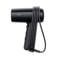 Ein schwarzer Haartrockner mit sorgfältig aufgewickeltem Kabel ist zu sehen. Das Gerät wirkt kompakt und modern, höchstwahrscheinlich für Reisen oder einfache Aufbewahrung konzipiert.