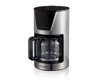 Eine silberne und schwarze moderne Tropfkaffeemaschine mit einer Glaskanne. Das Design ist elegant und minimalistisch, ideal für den Hausgebrauch.