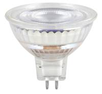 Eine klare LED-Glühbirne mit Bi-Pin-Sockel, geeignet für Spotleuchten.