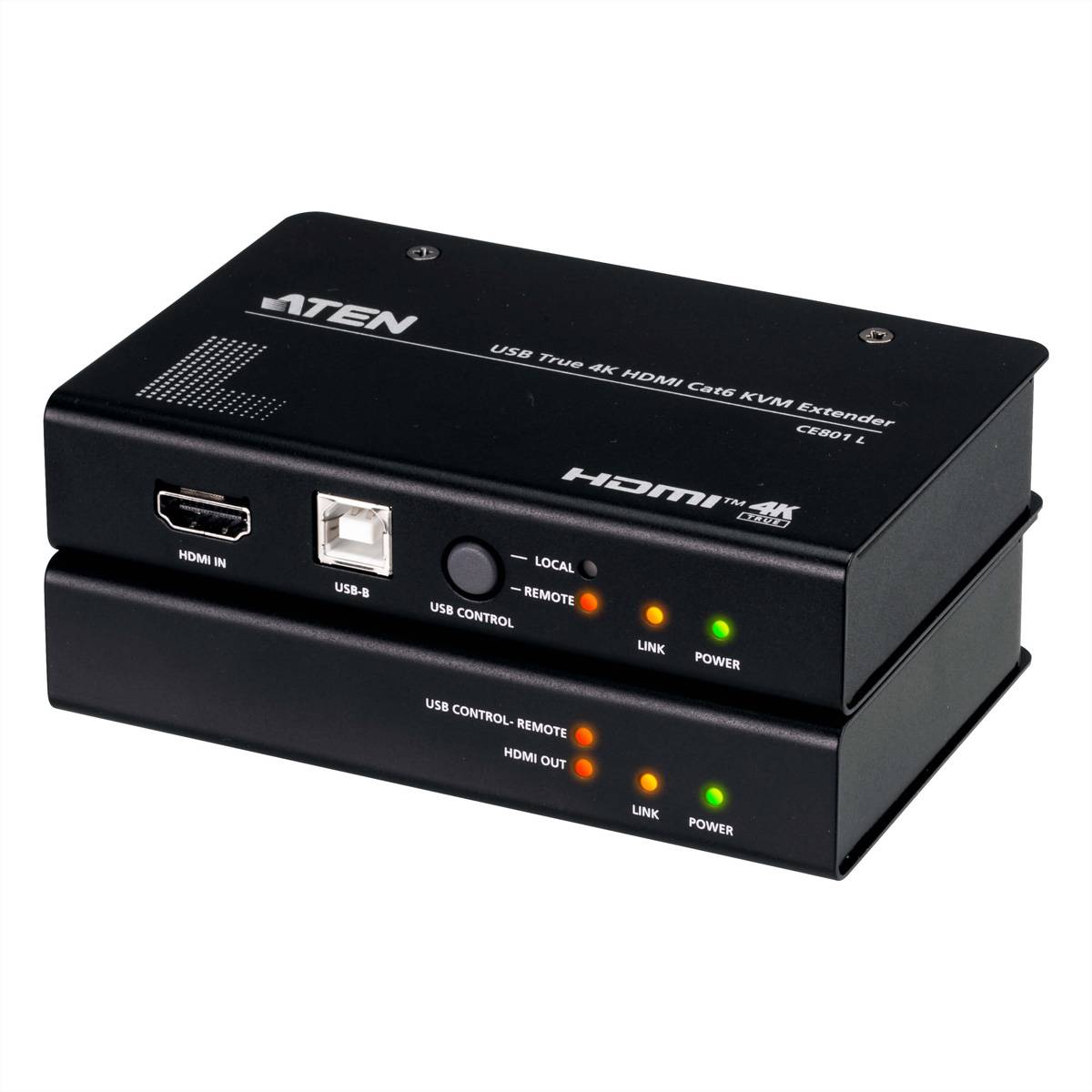 USB True 4K HDMI CAT6 KVM-Extender mit HDMI Ein- und Ausgängen, USB und Steuerungsindikatoren für Link-, Fernbedienungs- und Stromfunktionen.