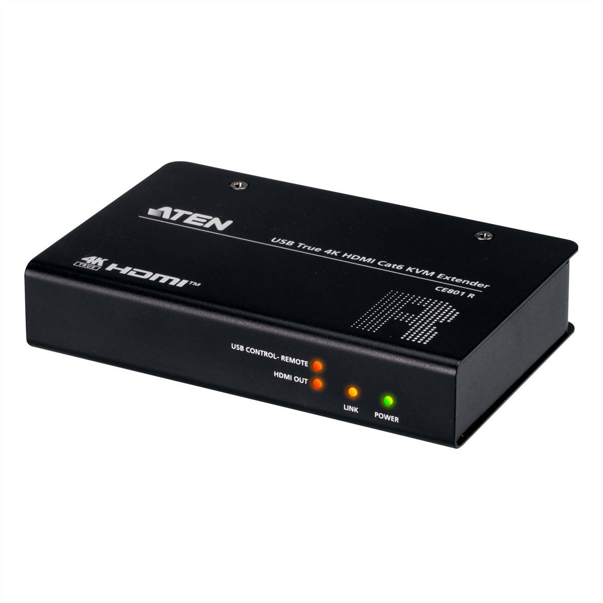 Ein schwarzes ATEN USB True 4K HDMI Cat 6 KVM-Extender-Gerät mit Anzeigenleuchten für USB-Steuerung, HDMI-Ausgang, Verbindung und Stromstatus.
