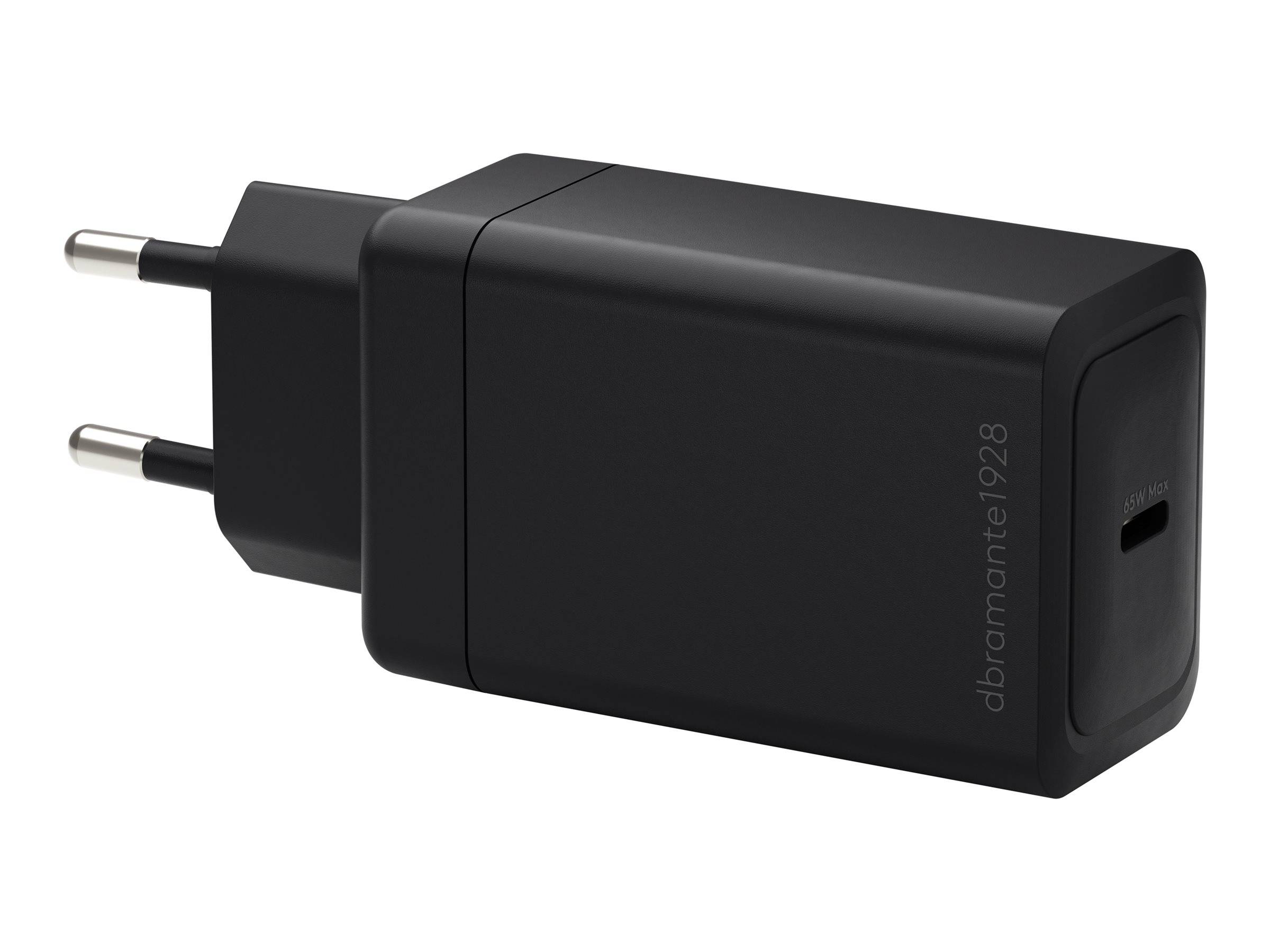 Ein schwarzer USB-Wandladegerät mit glatter rechteckiger Gestaltung, auf dessen Seite der Text 'dbramante1928' aufgedruckt ist.