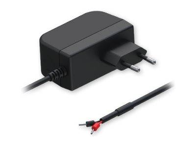 Ein schwarzes AC-Netzteil mit zwei runden Stiften und einem angeschlossenen Kabel, das in rote und schwarze Drähte mit freiliegenden Metallspitzen endet.