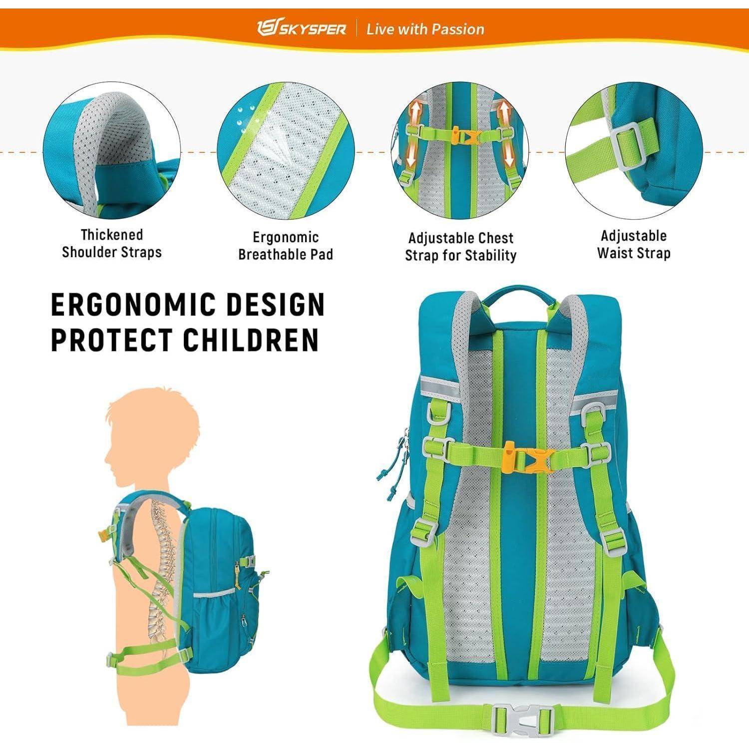 Ergonomische Designschutz für Kinder: Zu den Merkmalen gehören verstärkte Schultergurte, ergonomisches atmungsaktives Polster, verstellbare Brust- und Taillenriemen. Das Bild zeigt einen blauen und grünen Rucksack mit hervorgehobenen Einstellmöglichkeiten.