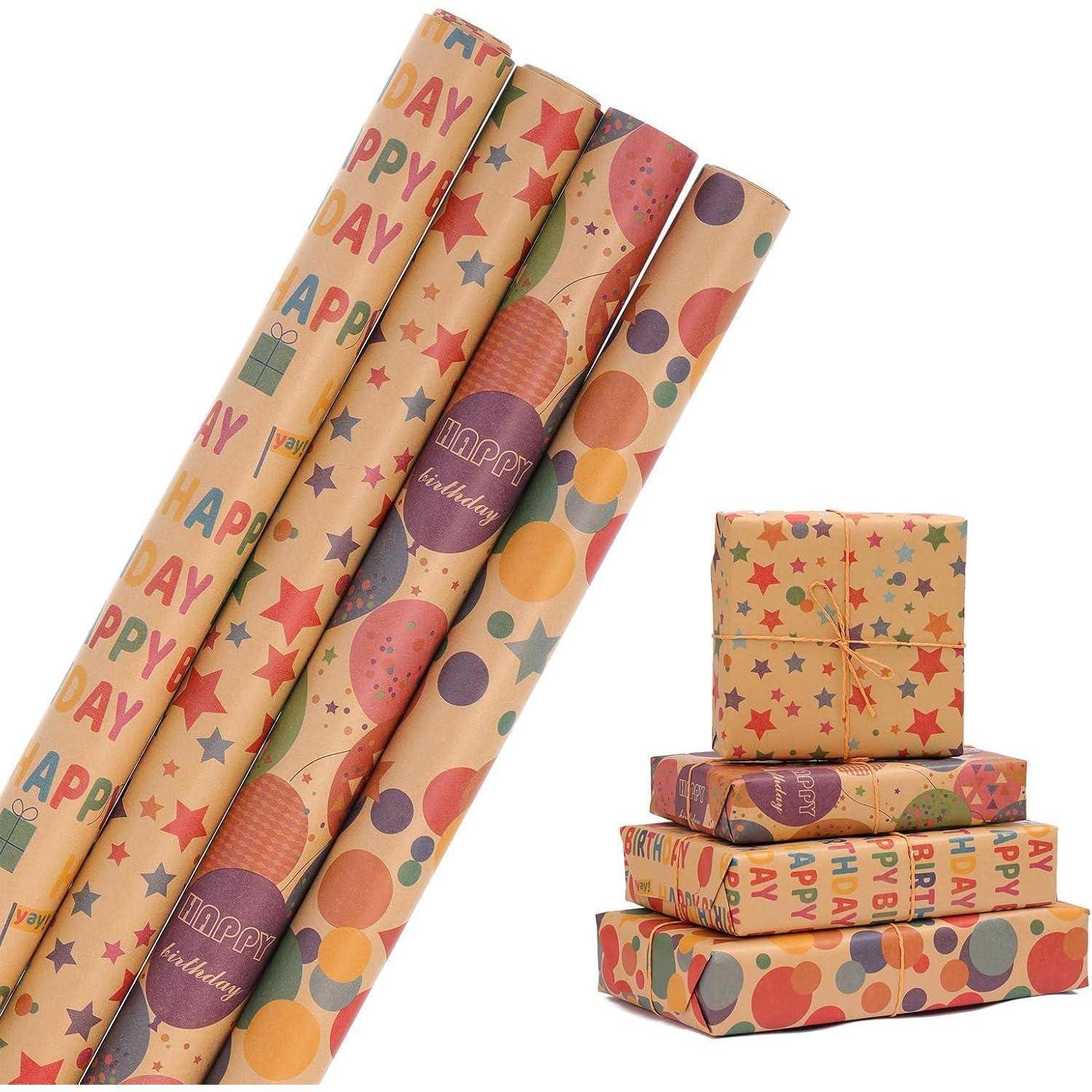 Bunte Geschenkpapierrollen und eingepackte Geschenke mit 'Alles Gute zum Geburtstag' und festlichen Mustern, die geburtstagsthematische Designs zeigen.