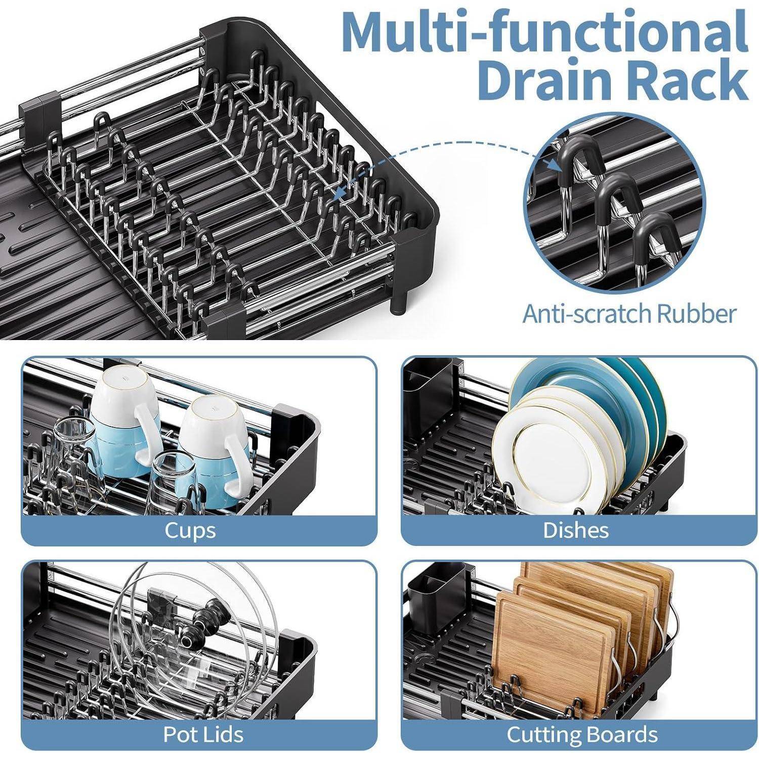 Multifunktionales Abtropfgestell mit kratzfester Gummibeschichtung. Geeignet für verschiedene Gegenstände: Tassen, Geschirr, Topfdeckel und Schneidbretter.