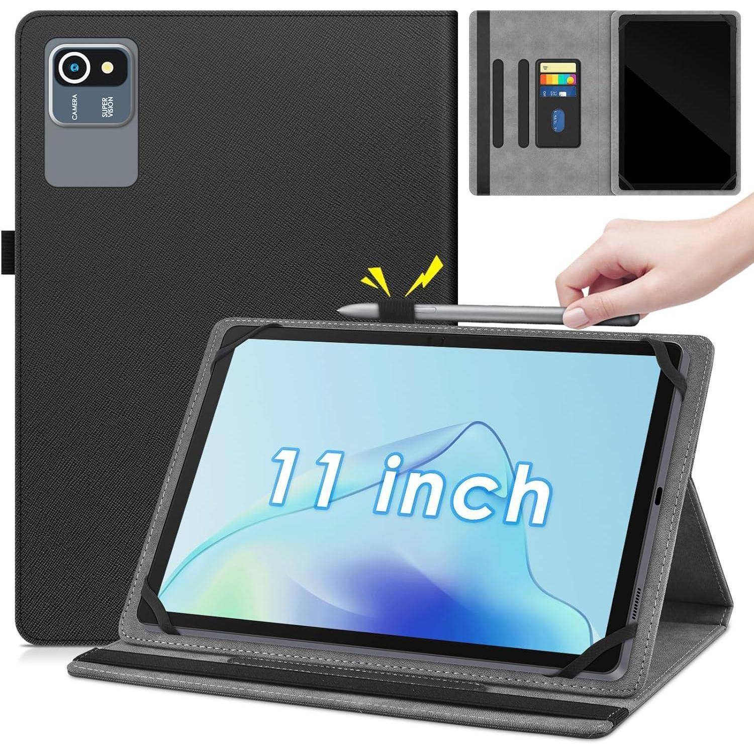 Tablet-Hülle mit faltbarem Ständer, passend für 11-Zoll-Geräte, mit Halterung für einen handgeführten Stylus, Kartenfächern und magnetischem Verschluss.