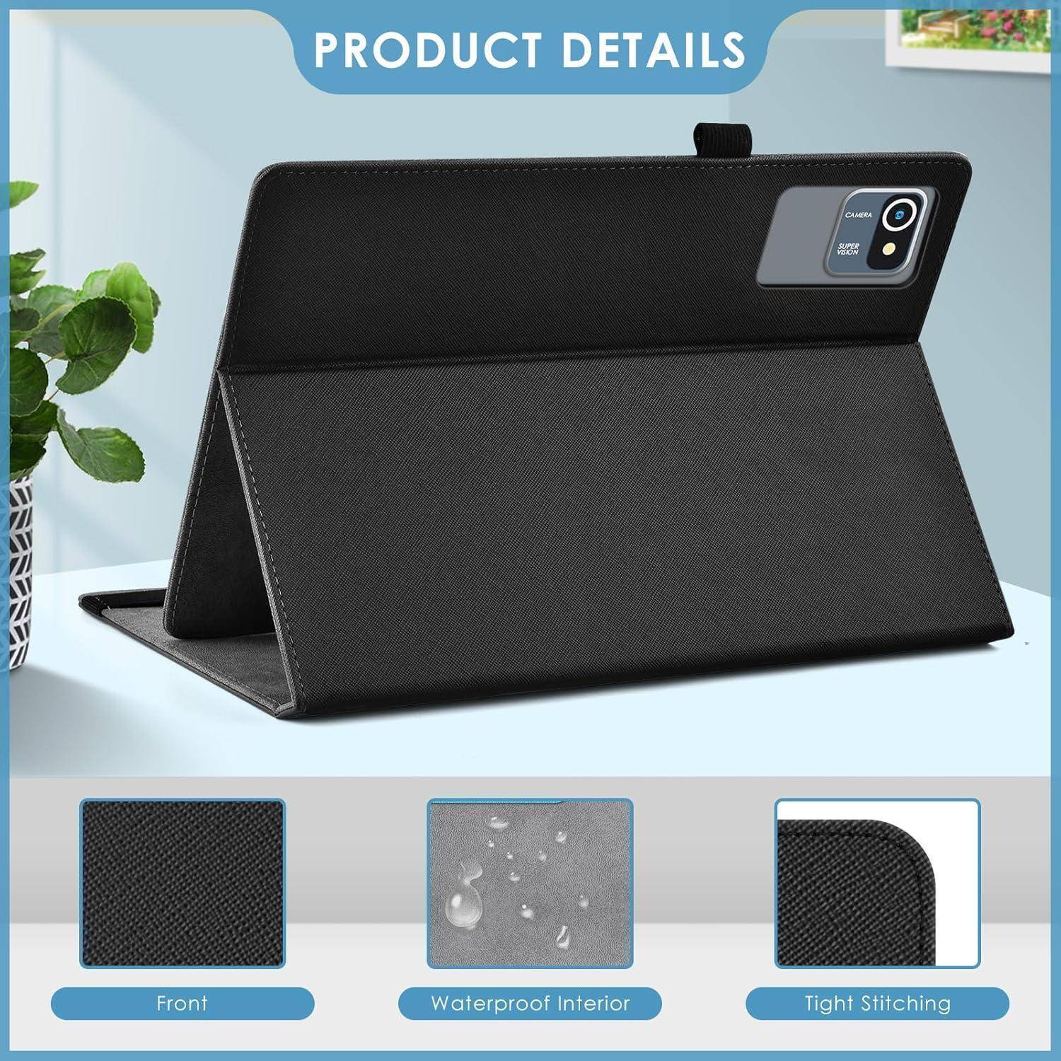 Schwarze Tablet-Hülle mit Ständerfunktion, von der Seite gezeigt. Beschriftungen heben 'Frontmaterial', 'Wasserdichtes Inneres' und 'Enge Nähte' hervor.