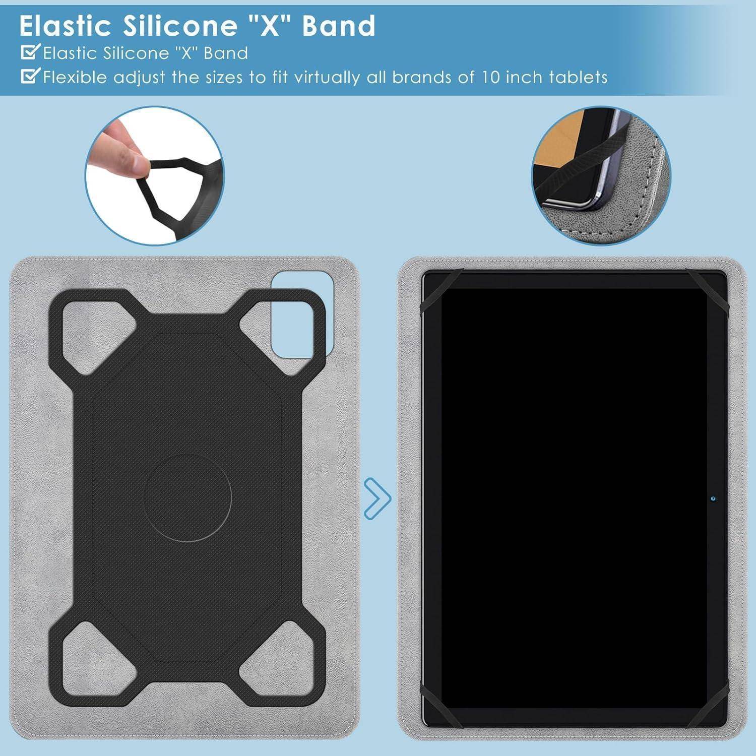 Tablethalterung mit verstellbarem elastischem Silikonband in 'X'-Form dargestellt. Abbildung zeigt Vorder- und Rückansicht eines in der Halterung gesicherten Tablets.