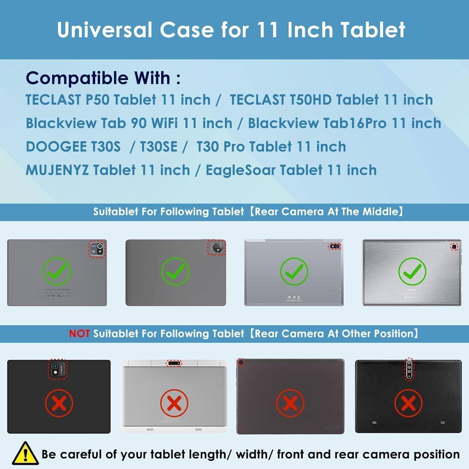 Universelle Schutzhülle für 11-Zoll-Tablet' Kompatibilitätstabelle. Zeigt kompatible und nicht kompatible Tablets basierend auf der Position der Rückkamera.