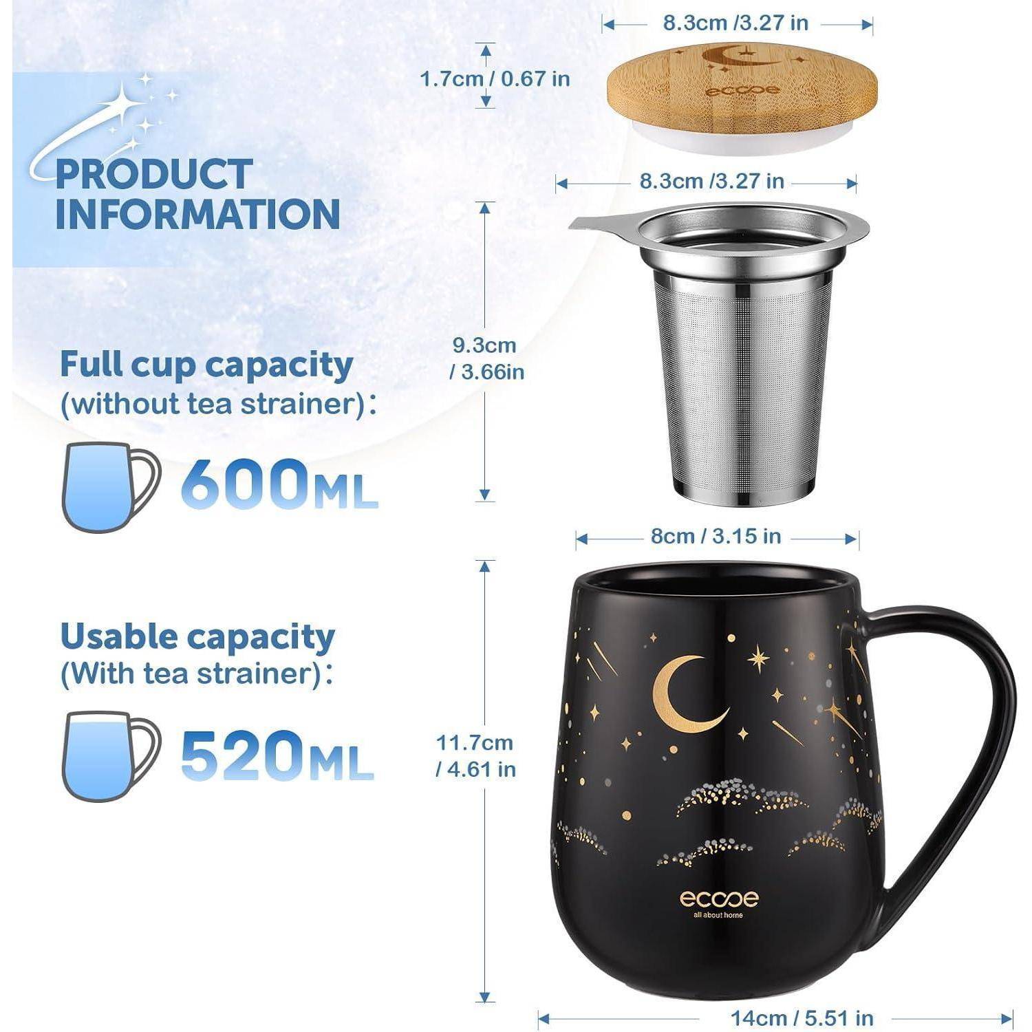 Keramikbecher mit Deckel und Teesieb. Becher fasst 600ml; 520ml mit Sieb. Becher hat Stern- und Monddesign. Größen: Becher - 9,3 cm hoch, 11,6 cm Durchmesser; Sieb - 8,3 cm Durchmesser; Deckel - 9 cm Durchmesser.