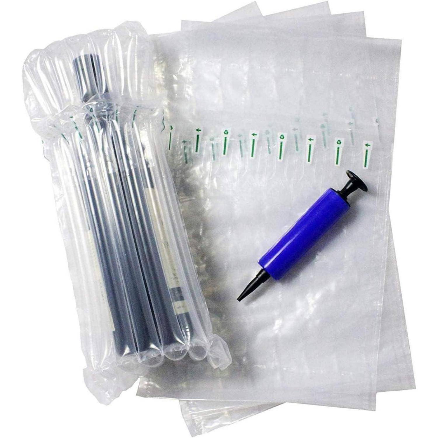 Aufblasbare Luftsäulen-Verpackung mit blauer Handpumpe, vor einem einfarbigen Hintergrund.
