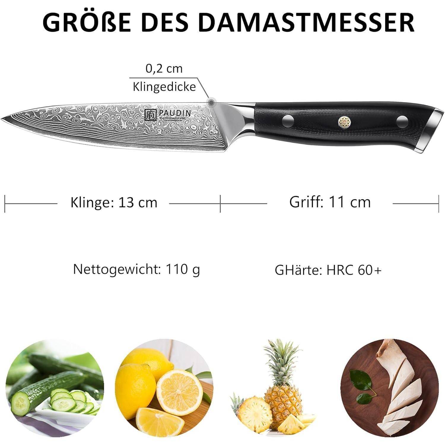 Ein Damastmesser mit einer 13 cm langen Klinge und 11 cm langem Griff. Es hat eine Klingenstärke von 0,2 cm, ein Nettogewicht von 110 g und eine Härte von HRC 60+, dargestellt mit Obst- und Gemüsebildern.