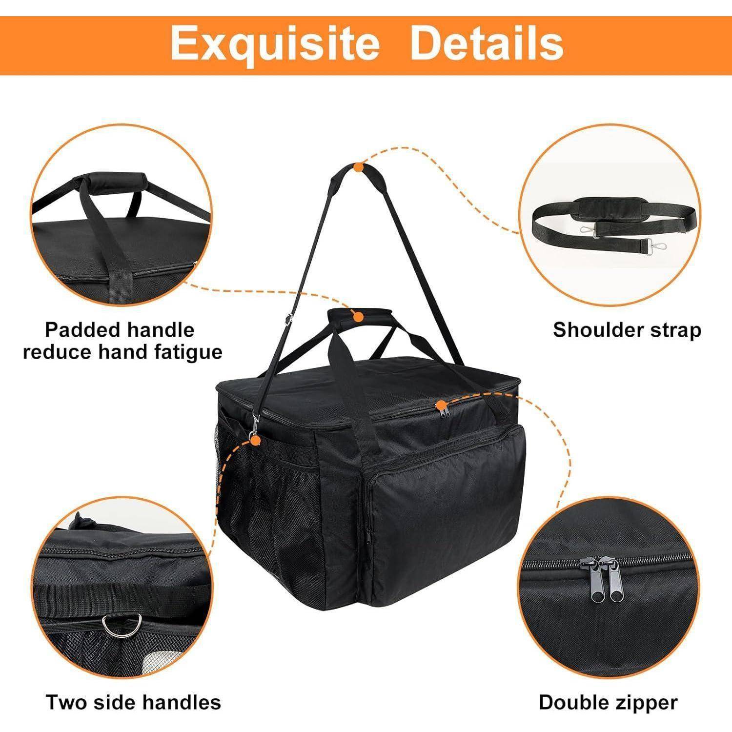 Exquisite Details': Schwarze Tasche mit gepolstertem Griff, Schultergurt, zwei Seitengriffen und Doppelreißverschluss. Jedes Feature wird mit Bildern hervorgehoben.