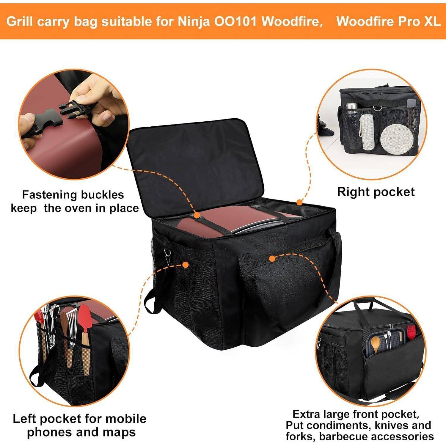 Grilltragetasche geeignet für Ninja OO101 Woodfire. Mit Taschen für Zubehör, Befestigungsschnallen und einem geräumigen Innenraum.
