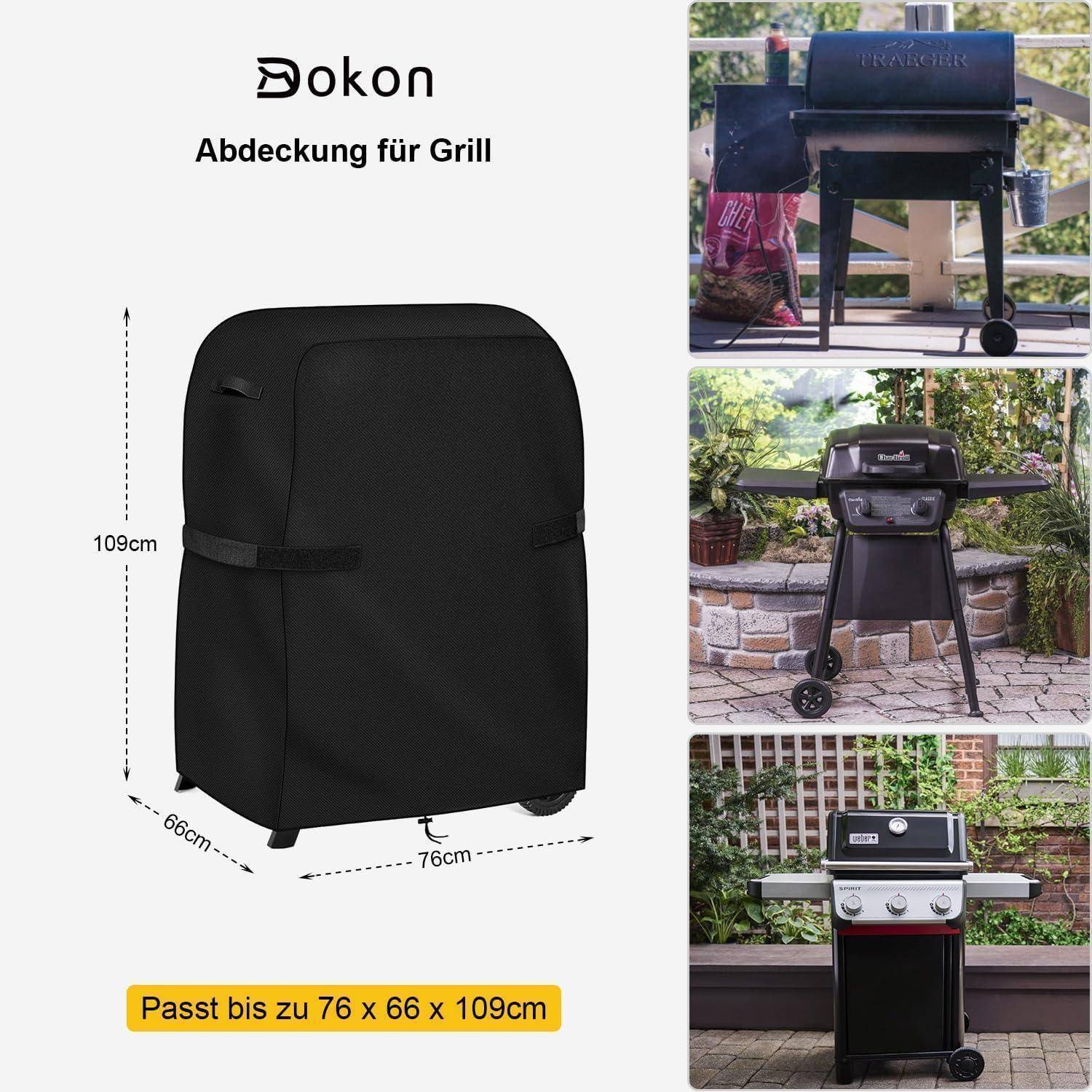 Dokon Grillabdeckung' zum Schutz des Grills, Maße: 76 x 66 x 109 cm. Das Bild zeigt die Abdeckung auf verschiedenen Grills im Freien.