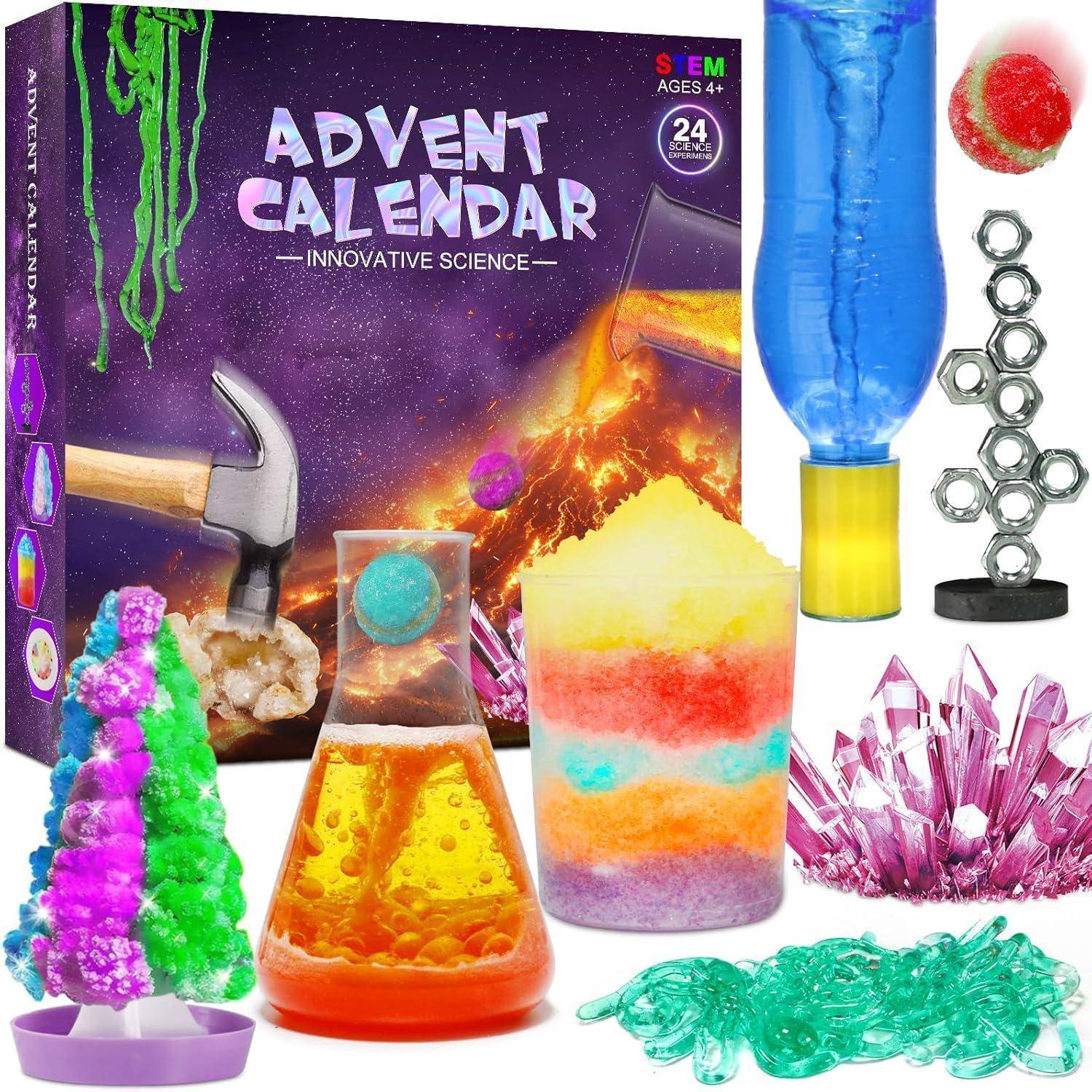Adventskalender - Innovative Wissenschaft' Set für Kinder ab 4 Jahren, enthält Kristallzucht-Set, Lavalampe, Schleim und weitere wissenschaftliche Aktivitäten.
