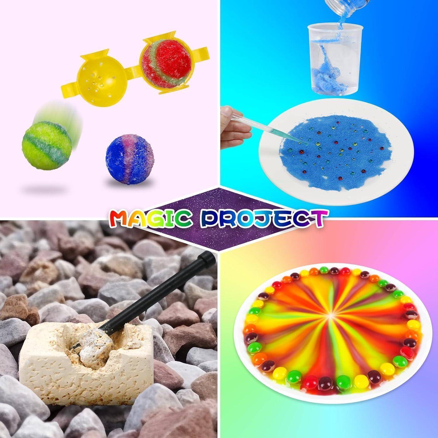 Collage zum 'Magic Project' mit farbenfrohen wissenschaftlichen Experimenten: hüpfende Bälle, sich vermischende Flüssigkeiten, chemische Reaktion in einem Schwamm und eine lebendige rotierende Scheibe.
