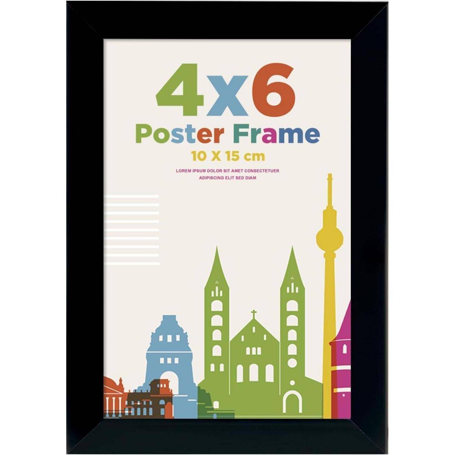 Plakat-Rahmen im Format 4x6 auf einem farbenfrohen Skyline-Hintergrund, beschriftet mit '10 x 15 cm'.