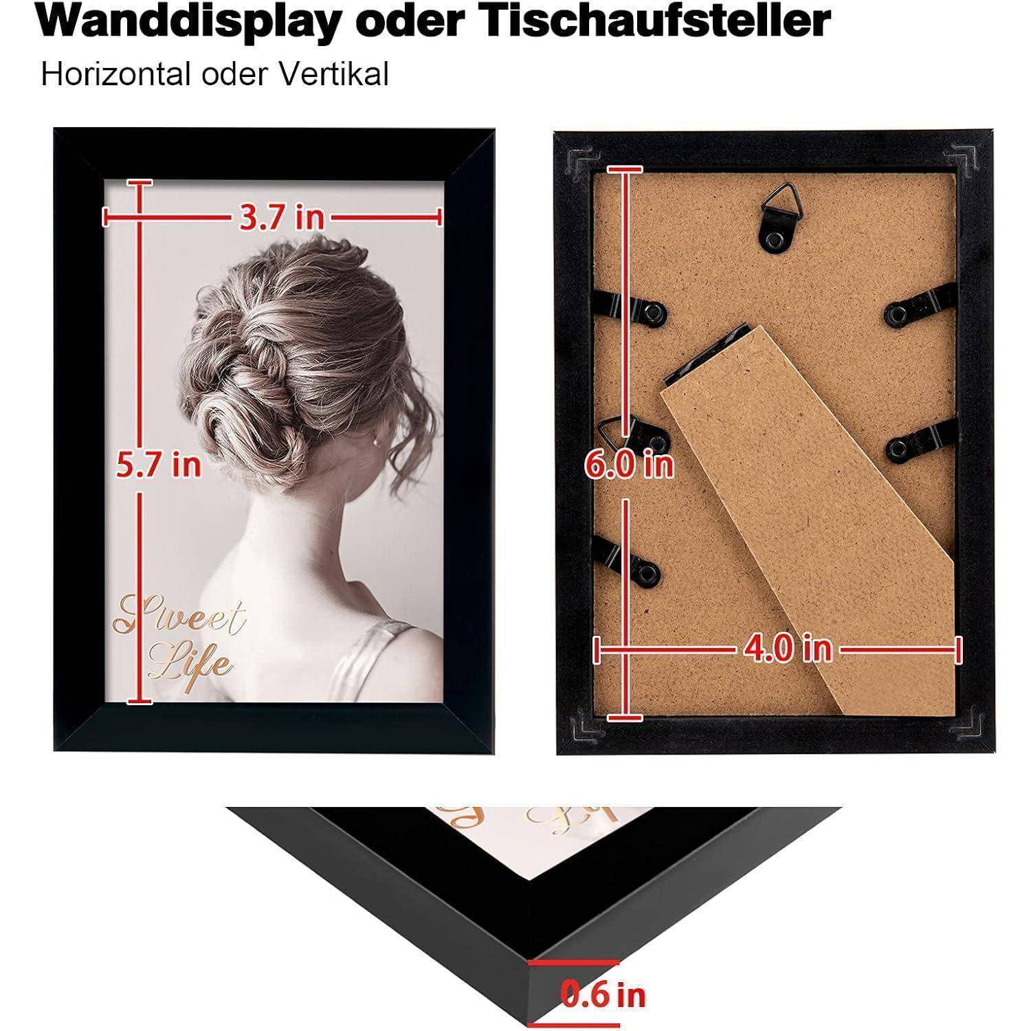 Wanddisplay oder Tischaufsteller Horizontal oder Vertikal zeigt einen Rahmen mit Foto, Abmessungen: 14,5 x 9,4 cm Anzeige, 15,2 x 10,2 cm Ständer.