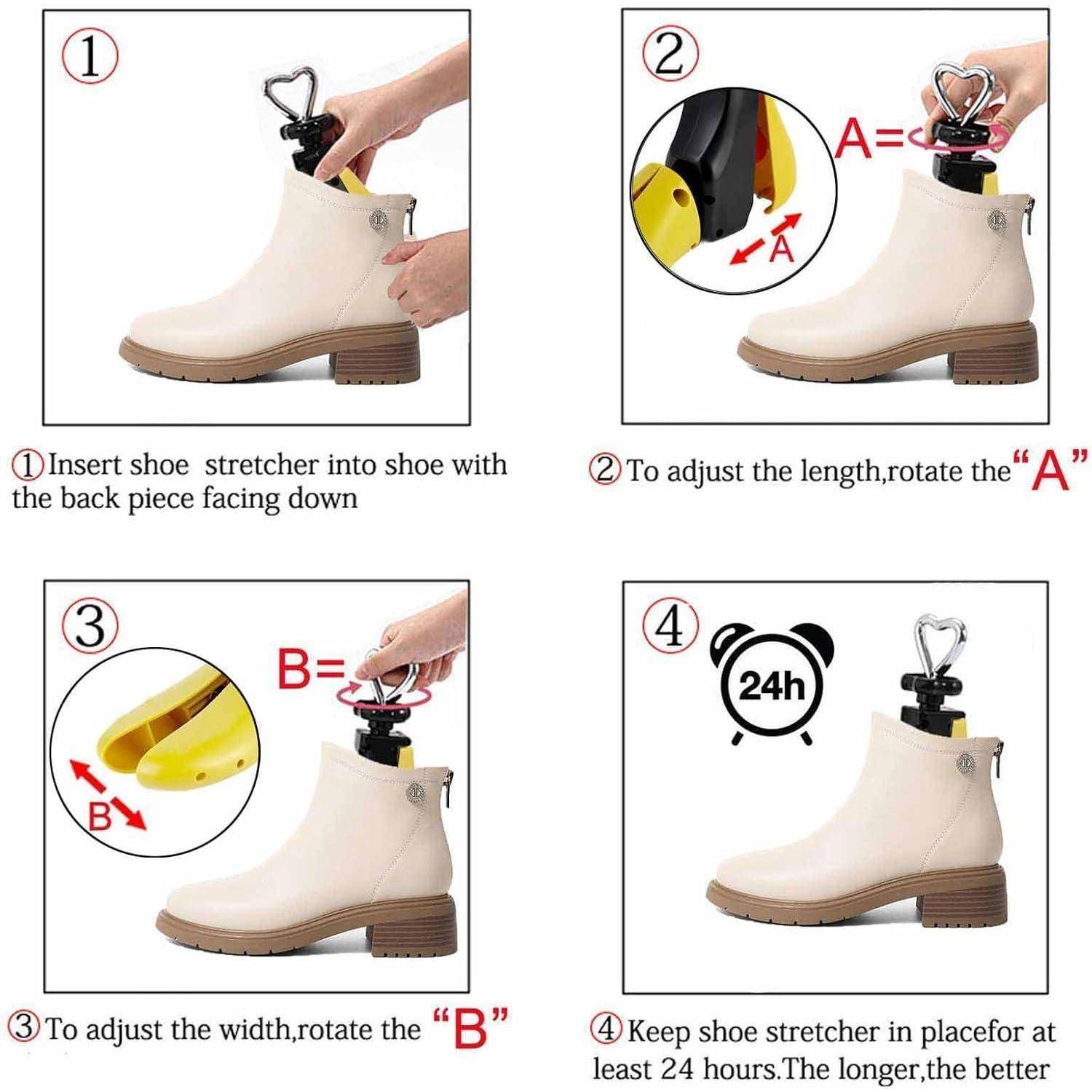 Schritt-für-Schritt-Anleitung zum Schuhweiter: 1) Schuhspanner einführen. 2) Drehen Sie 'A', um die Länge anzupassen. 3) Drehen Sie 'B', um die Breite anzupassen. 4) 24 Stunden einwirken lassen.