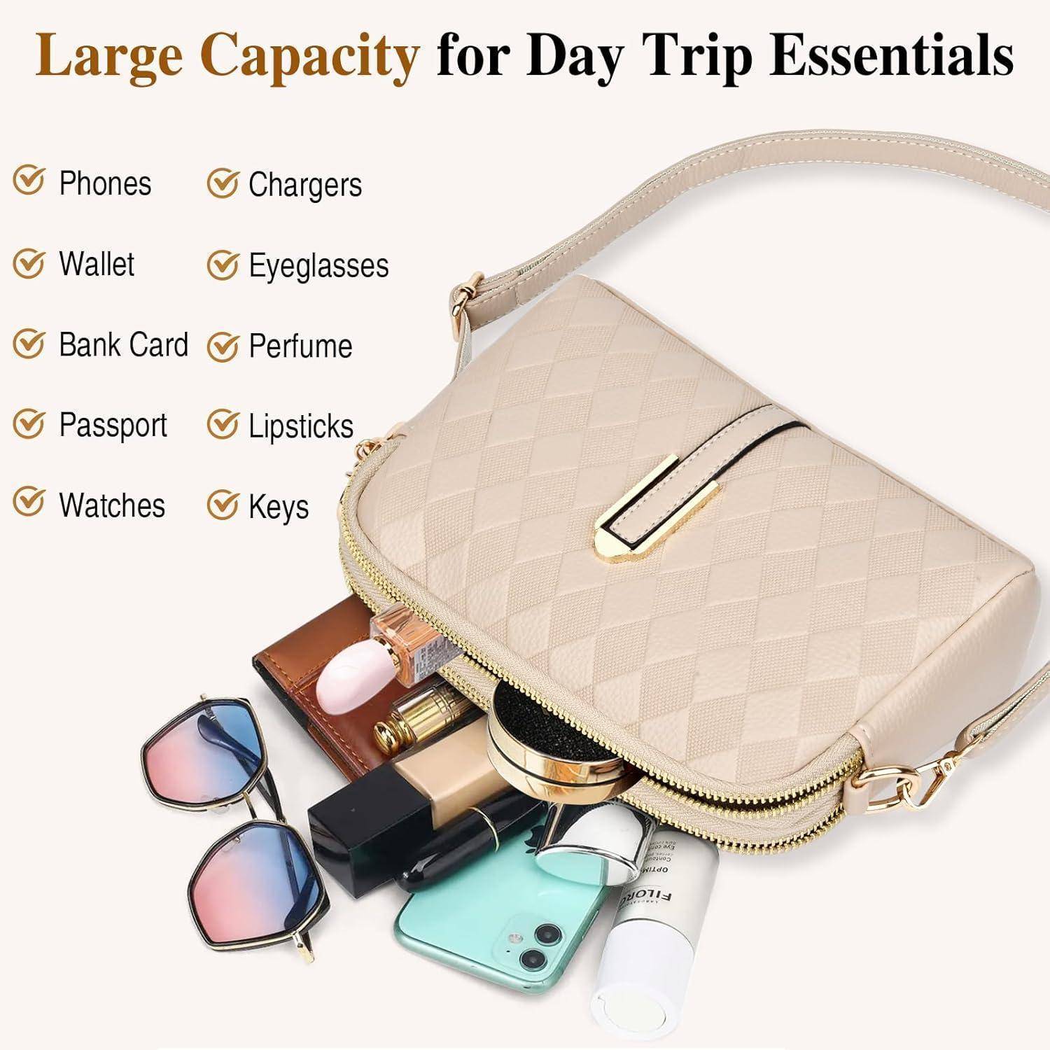 Beige Handtasche mit Gegenständen: Sonnenbrille, Geldbörse, Lippenstift, Handy, Parfüm, Schlüssel—als Essentials für einen Tagesausflug gekennzeichnet.