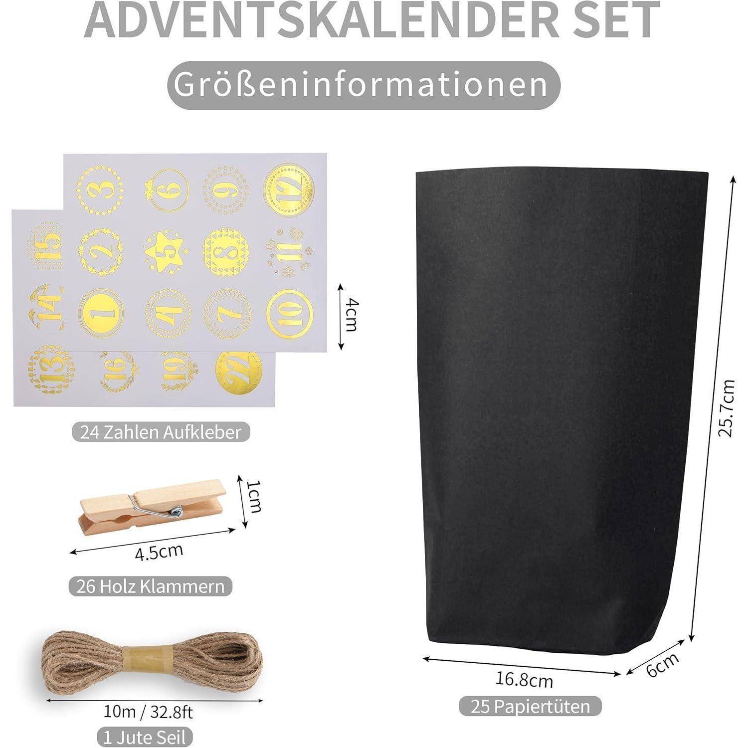 Adventskalender Set Größeninformationen zeigt schwarze Papiertüte (25,7 x 16,8 cm), 24 Nummernaufkleber (4 cm), 26 Holzklammern (4,5 cm), Juteband (10 m/32,8 ft).
