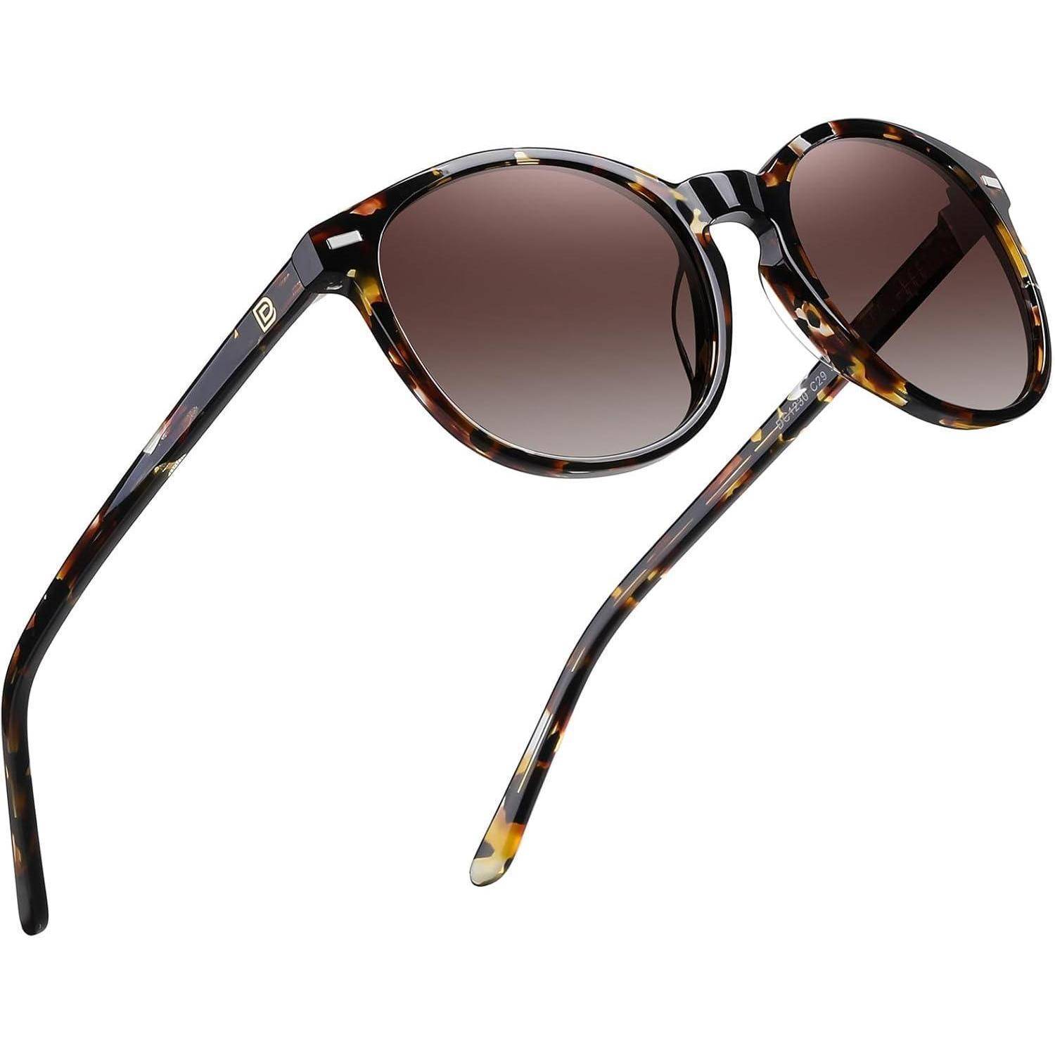 Schildpatt-Sonnenbrille mit runden Gläsern und dunkelbrauner Tönung, von der Seite betrachtet.