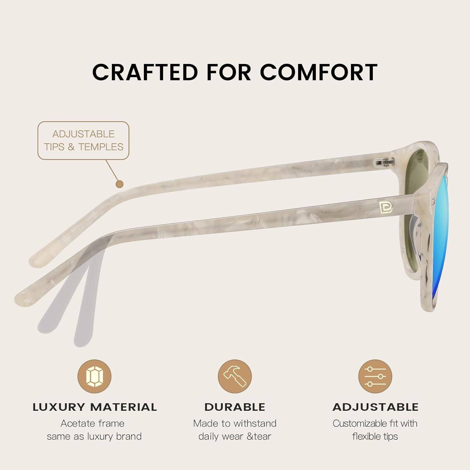 Sonnenbrille mit dem Etikett 'Speziell entwickelt für Komfort' mit folgenden Eigenschaften: verstellbare Nasenstege, robuste Konstruktion, hochwertiges Acetatmaterial und flexible Bügel.