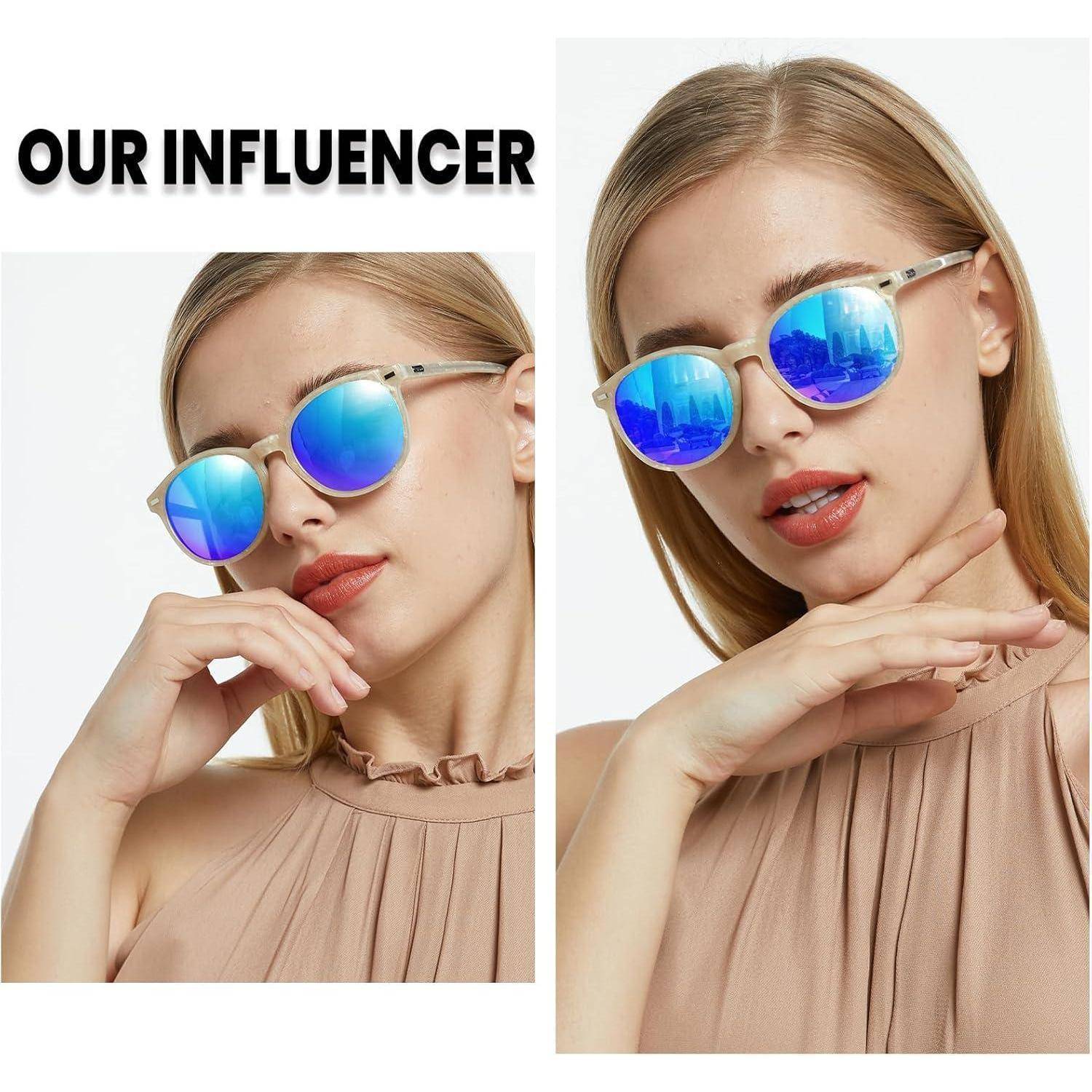 Eine Person mit blauen verspiegelten Sonnenbrille und einem beigen ärmellosen Top posiert, mit der Bezeichnung 