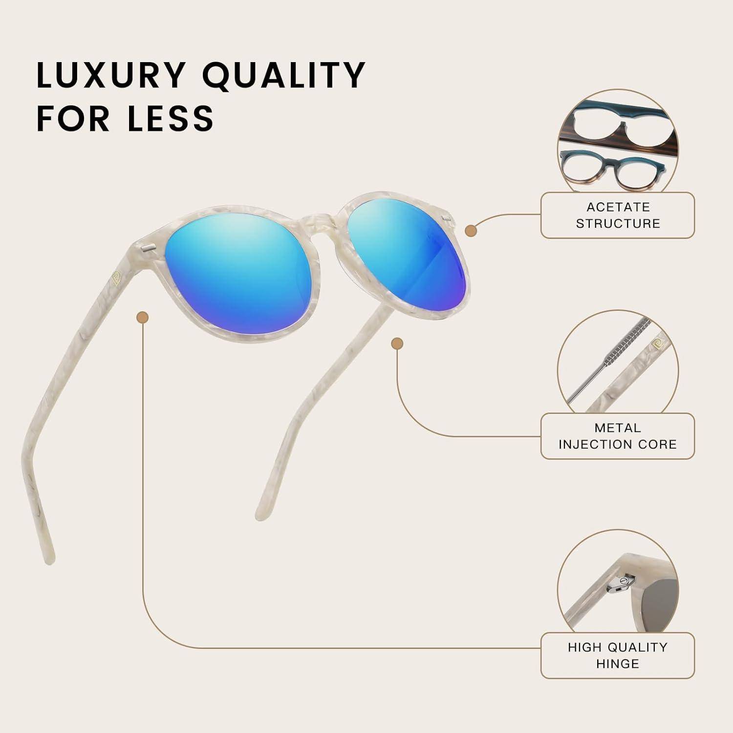 Sonnenbrille mit blauen Gläsern, gekennzeichnet mit ‚Luxusqualität zum kleinen Preis'. Merkmale umfassen Acetatstruktur, Metallinjektionskern und hochwertige Scharniere.