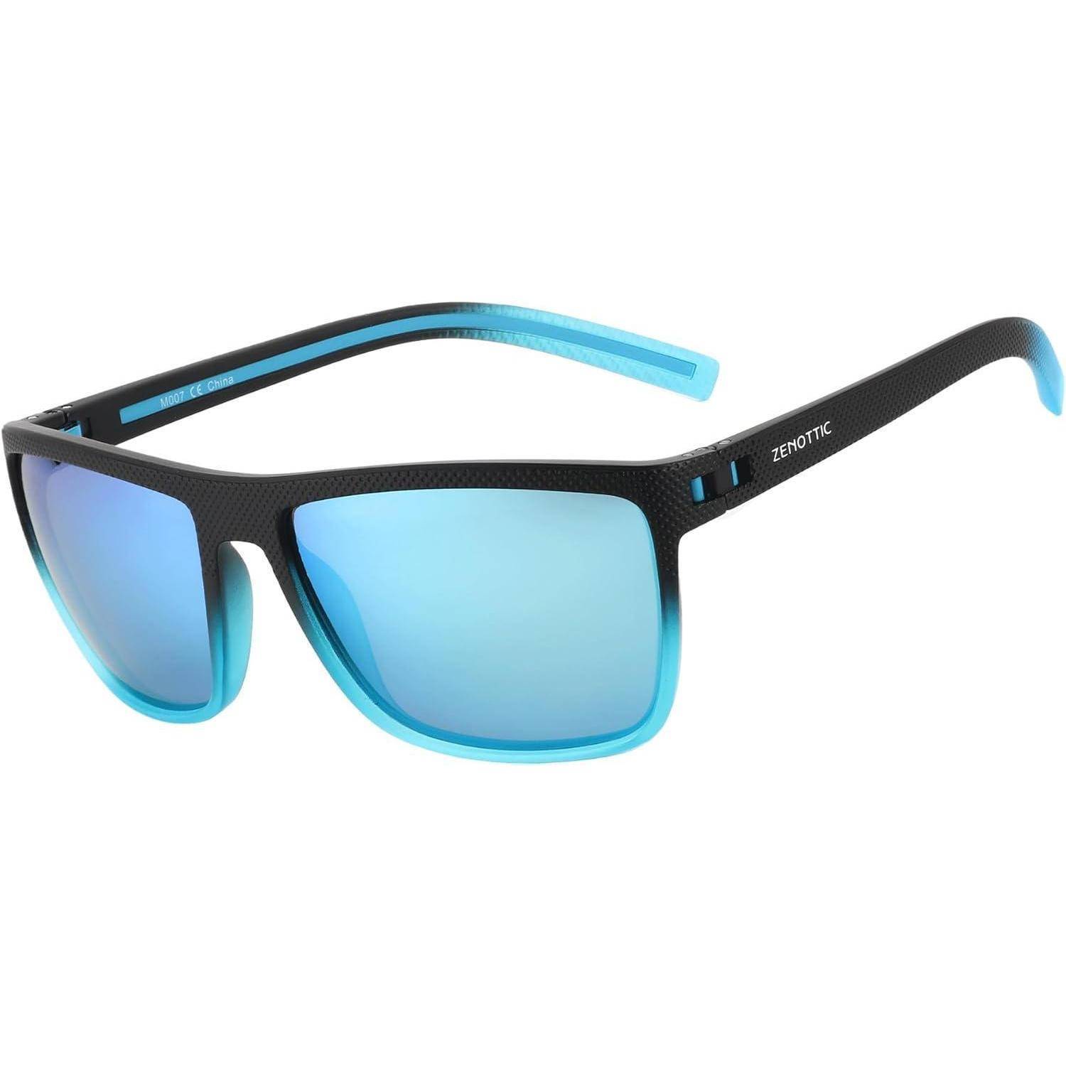 Schwarze und blaue Sonnenbrille mit verspiegelten Gläsern, auf deren Bügel der Markenname 'ZENOTTIC' angebracht ist.