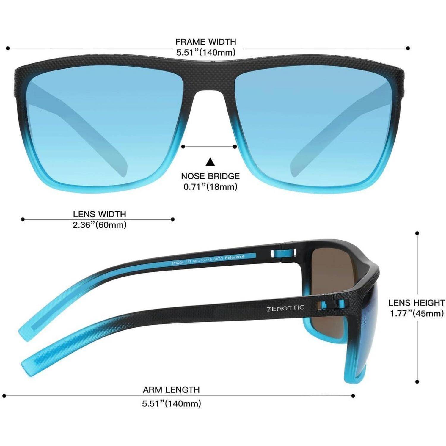 Zwei Paare blautöniger Sonnenbrille mit Maßangaben: Rahmenbreite 5,51
